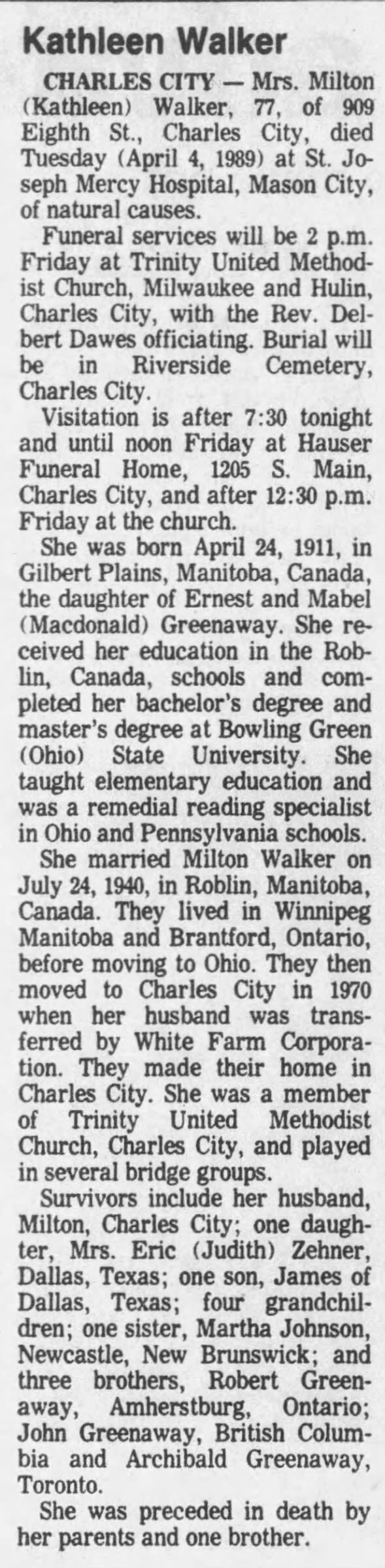 Obituary for Kathleen Walker, 1911-1989 (Aged 77)